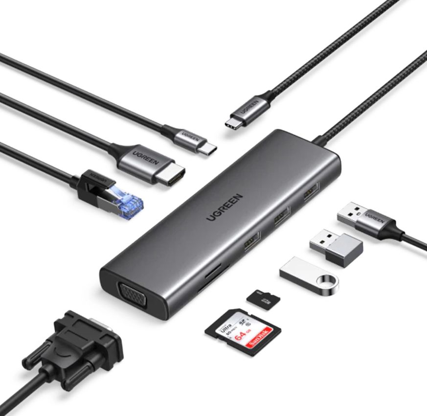 Порт-репликатор UGREEN CM498 USB-C to 3*USB-A, TF, SD, VGA, RJ45, HDMI, PD100W, серый космос (15600)