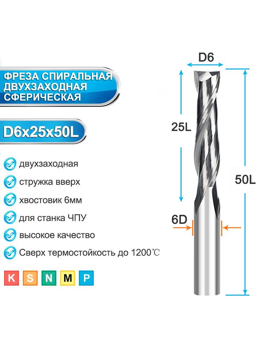 Фреза концевая двухзаходная , 6х25х50 мм