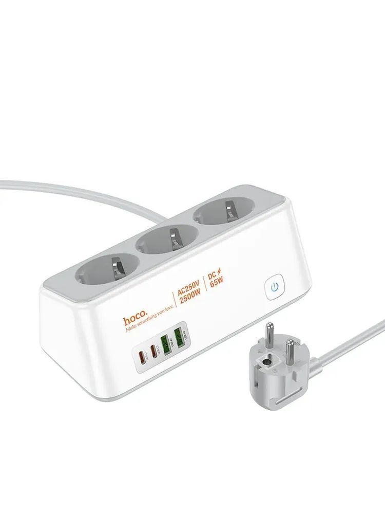 СетевоезарядноеустройствоHocoAC23Prominent3-positionsocket2C2AEU,сетевойфильтрна3розетки+2USB-C65w+2USB18w,напроводе2м,белое