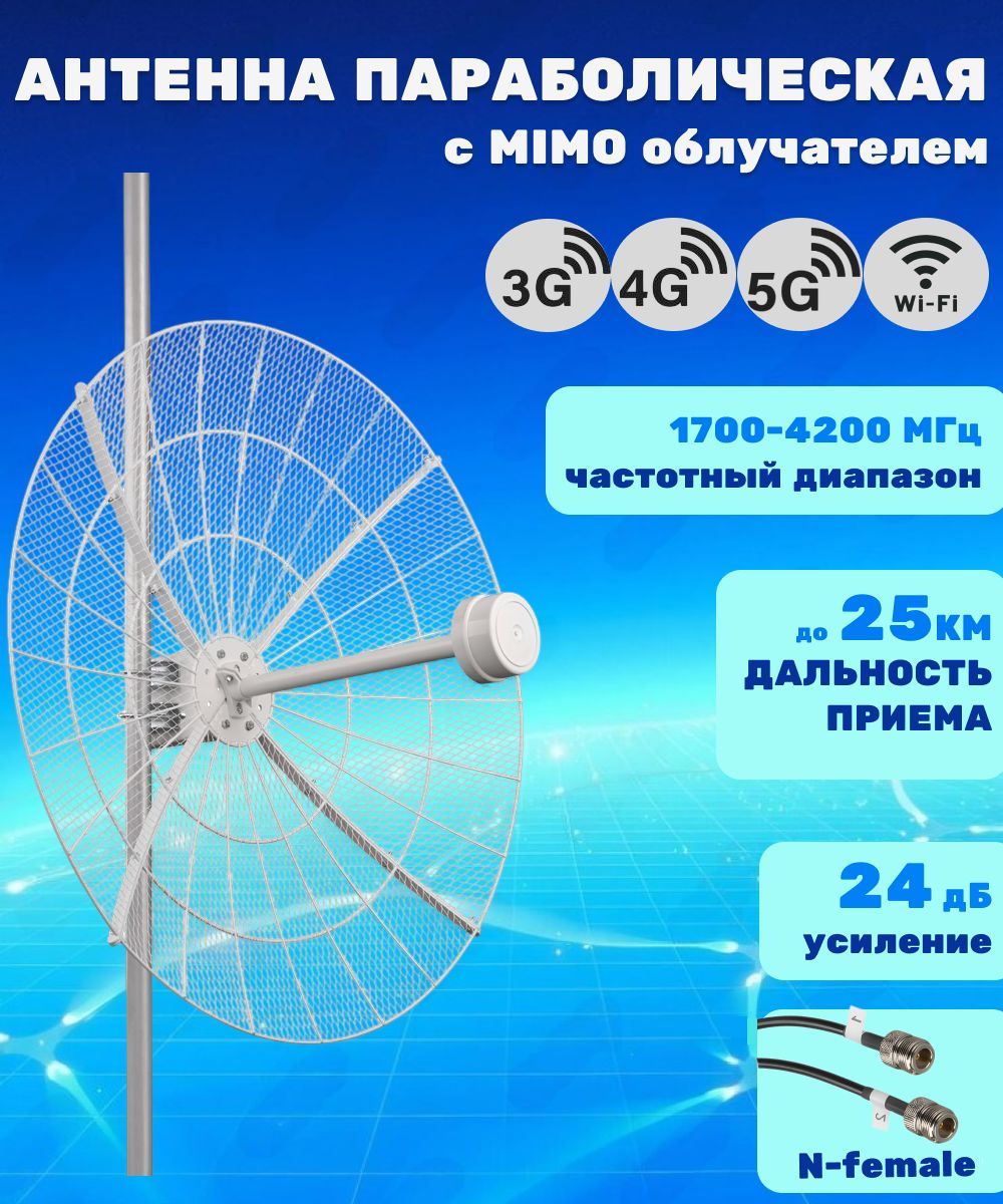 АнтеннапараболическаяMIMO1700-4200МГц,24дБ,сборная,KROKSKNA24-1700/4200P(N-female)