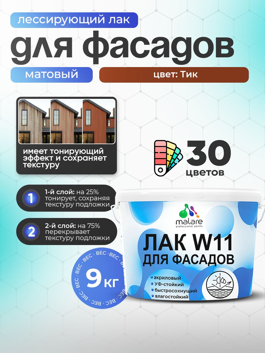 Лак колерованный тонирующий фасадный Malare W11 для защиты фасадов зданий, для дерева, камня и кирпича, быстросохнущий влагостойкий экологичный, матовый, тик, 9 кг.