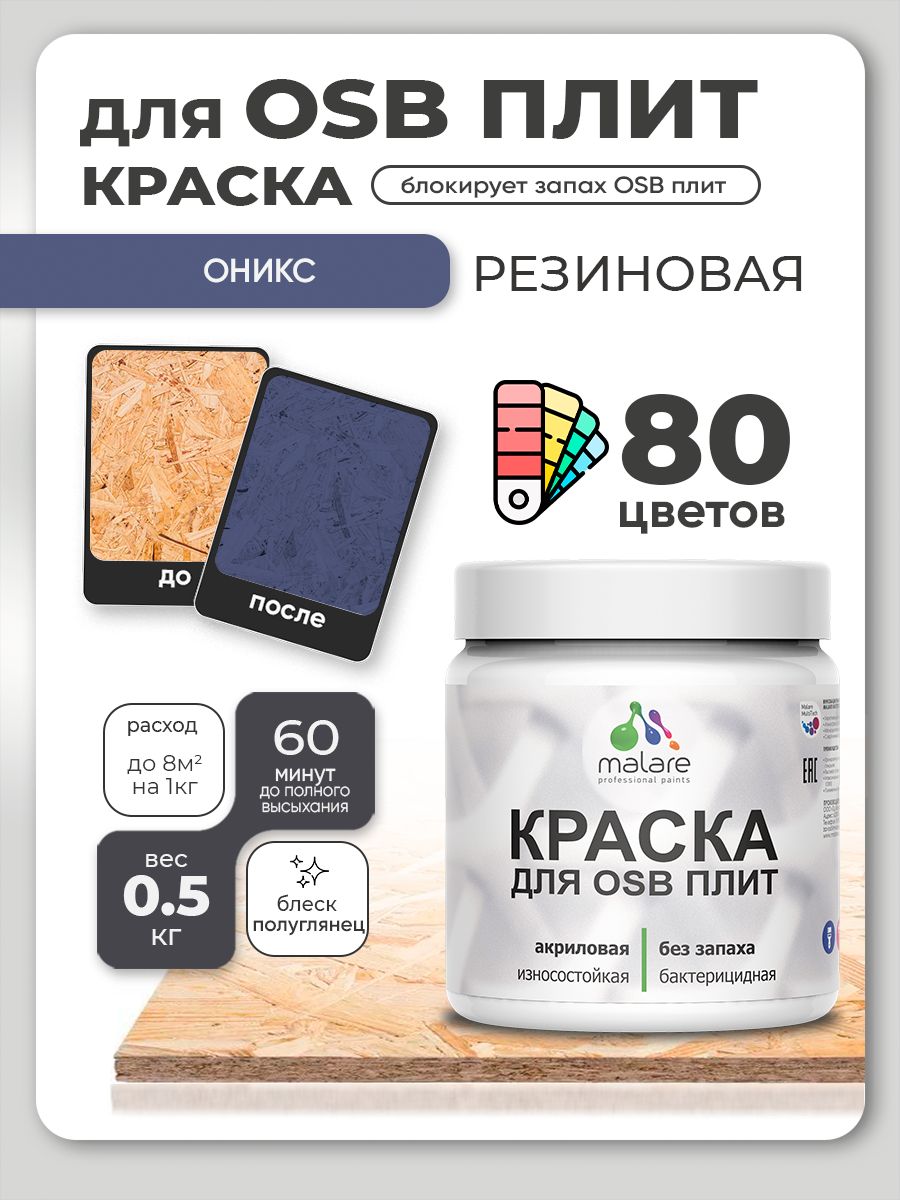 Резиновая краска для ОСБ плит Malare акриловая краска для дерева для наружных и внутренних работ, быстросохнущая без запаха полуглянцевая, оникс, 0.5 кг