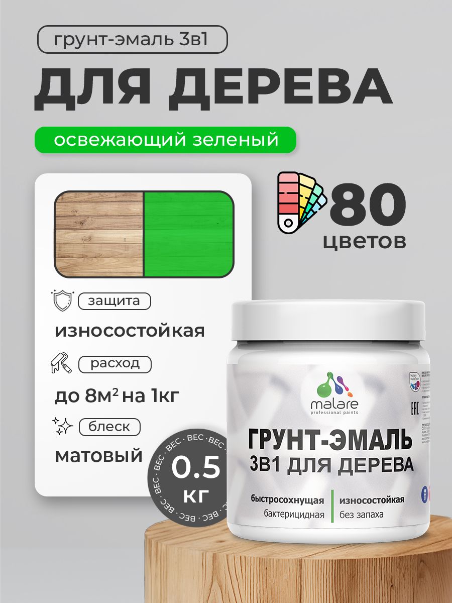 Акриловая Грунт-Эмаль 3 в 1 Malare для деревянных поверхностей с антисептическим эффектом, быстросохнущая, моющаяся без запаха матовая, освежающий зеленый, 0.5 кг