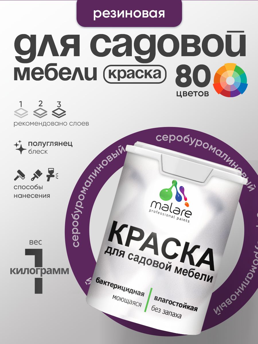 Резиновая краска Malare для садовой мебели/ по дереву, для наружных и внутренних работ/ быстросохнущая моющаяся без запаха полуглянцевая, серобуромалиновый, 1 кг