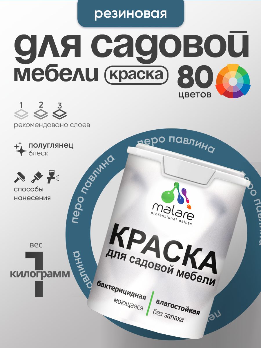 Резиновая краска Malare для садовой мебели/ по дереву, для наружных и внутренних работ/ быстросохнущая моющаяся без запаха полуглянцевая, перо павлина, 1 кг
