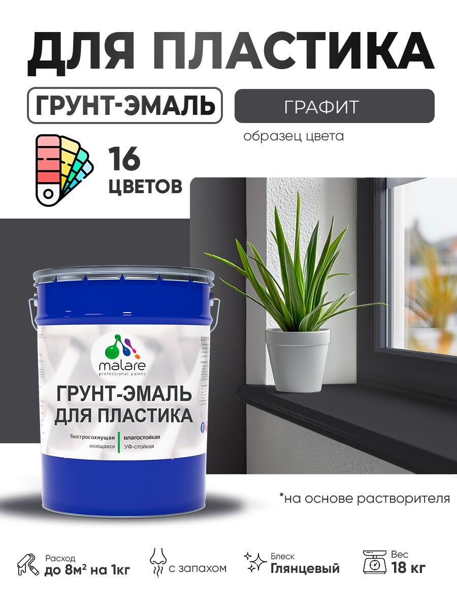 Грунт-Эмаль для пластика Malare краска для пластика/ для сайдинга, для окон и подоконников ПВХ/ для внутренних и наружных работ, быстросохнущая RAL 7024 графитово-серый(темный), глянцевая, 18 кг