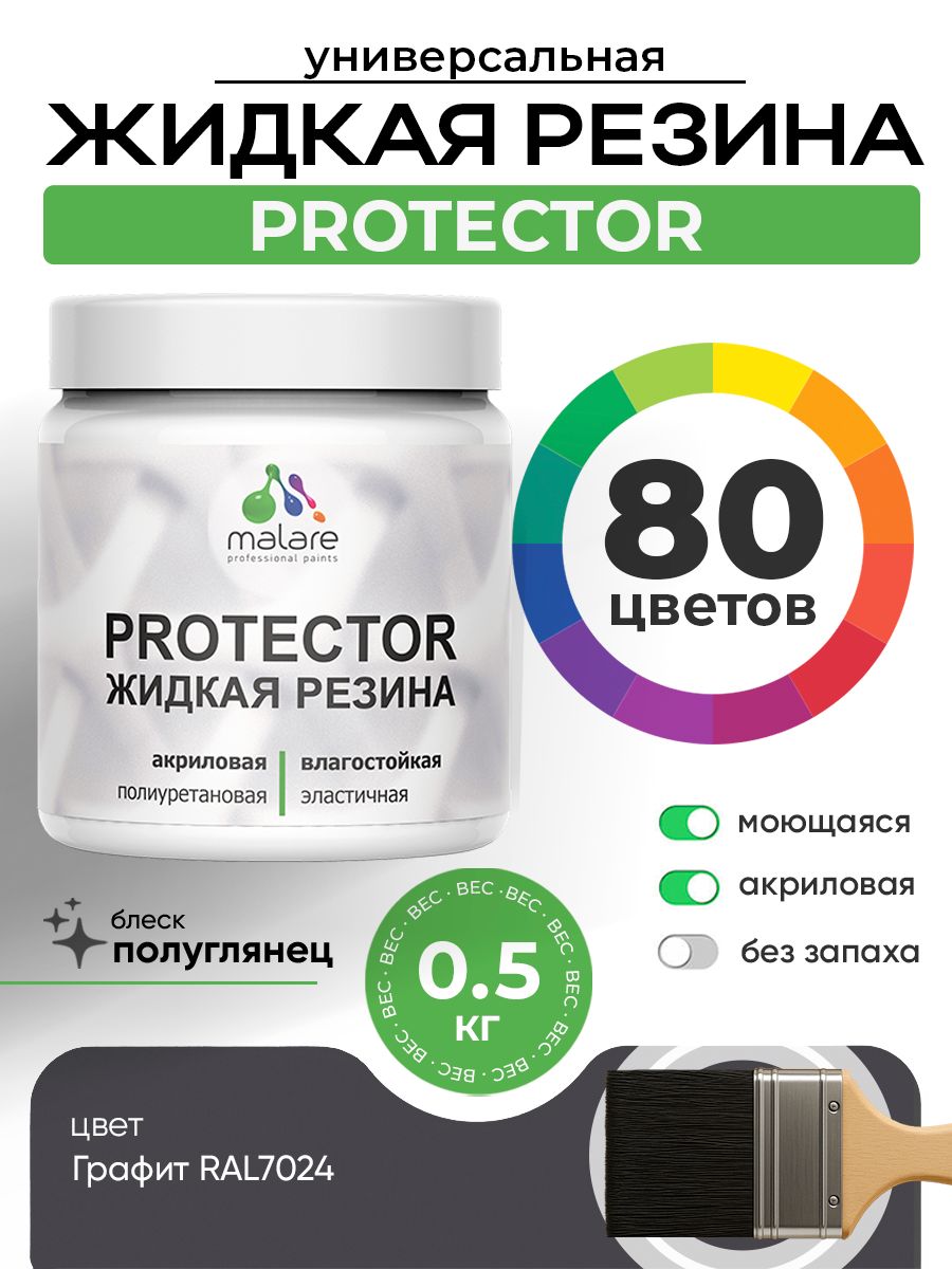 Жидкая резина Malare PROTECTOR резиновая краска для внутренних и наружных работ/ для кровли, для гидроизоляции, без запаха, полуглянцевая, графитовый, 0.5 кг