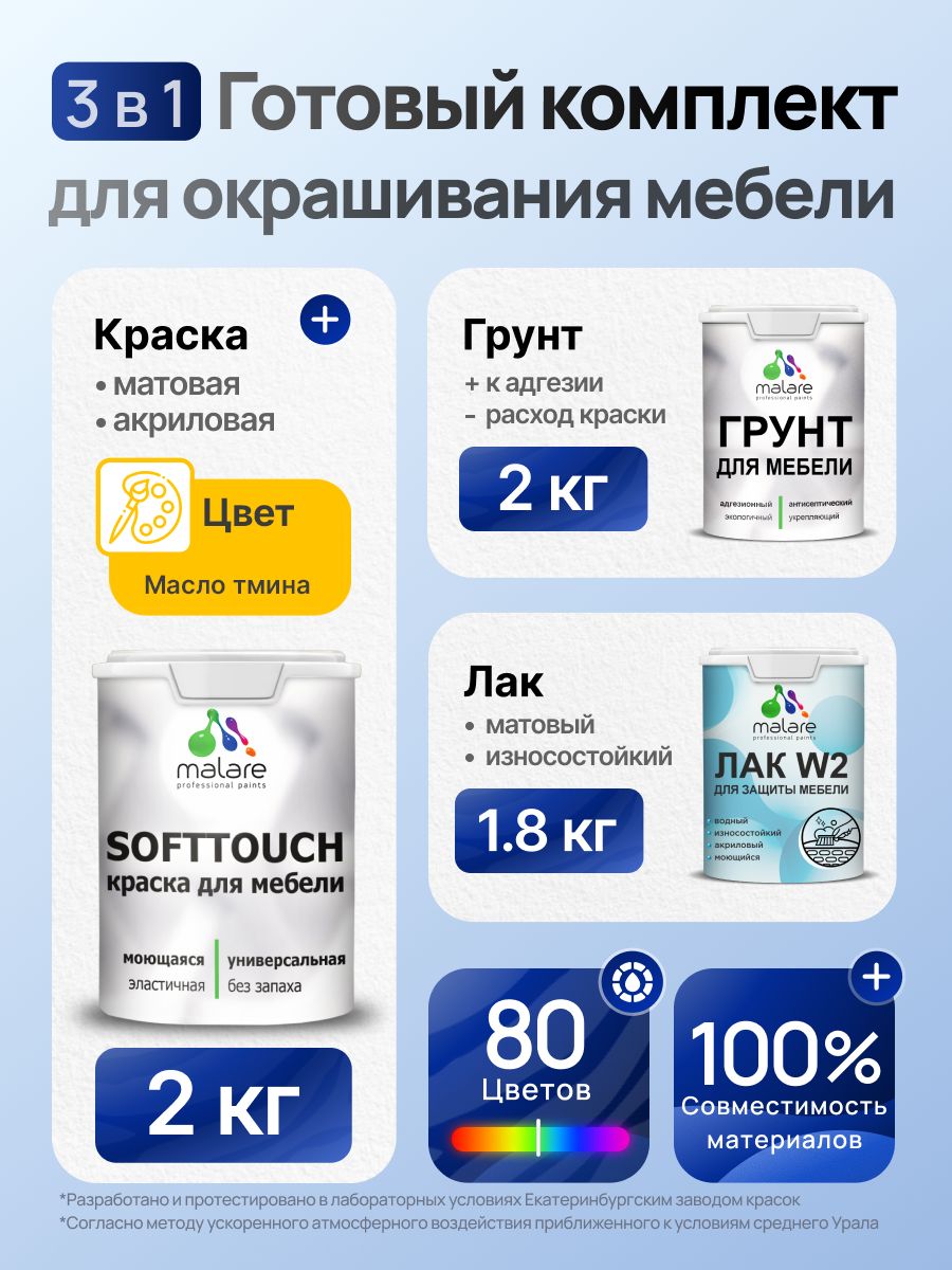 Комплект Malare SoftTouch для окрашивания мебели (2кг грунт + 2кг краска + 1.8кг лак), акриловый, без запаха, быстросохнущий, матовый, цвет масло тмина