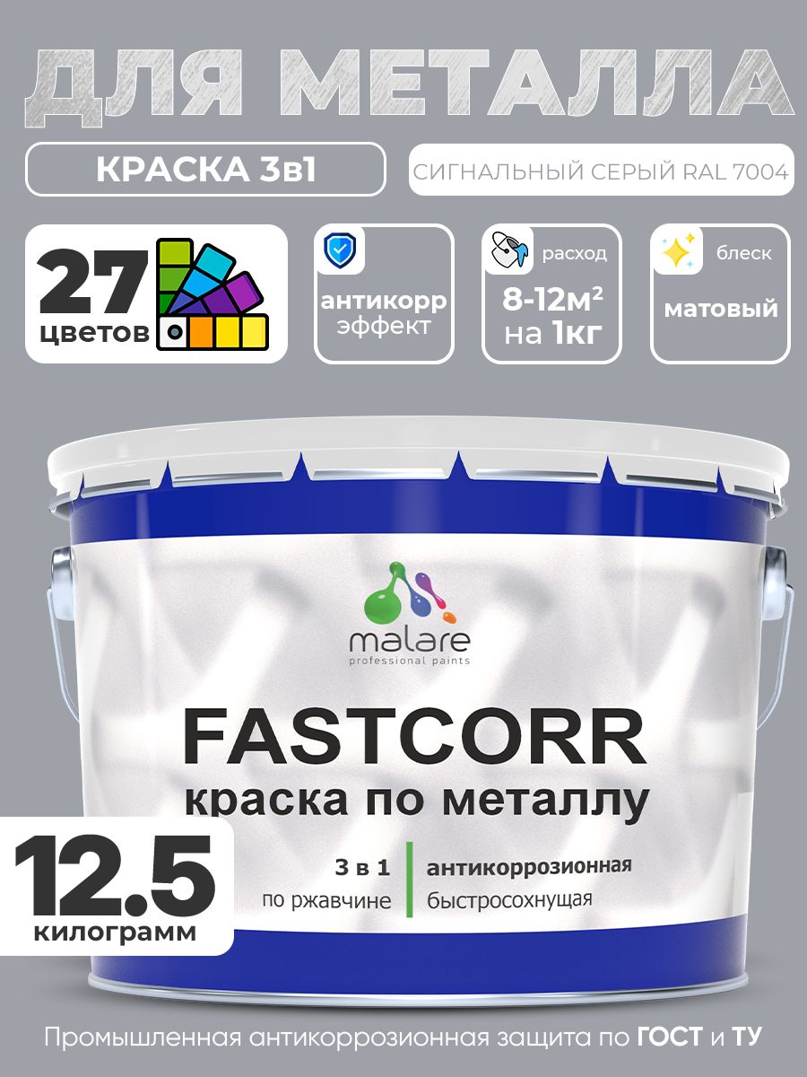 Краска для металла по ржавчине Malare FastCorr, для наружных работ износостойкая, быстросохнущая RAL 7004 сигнальный серый, матовая, 12,5 кг