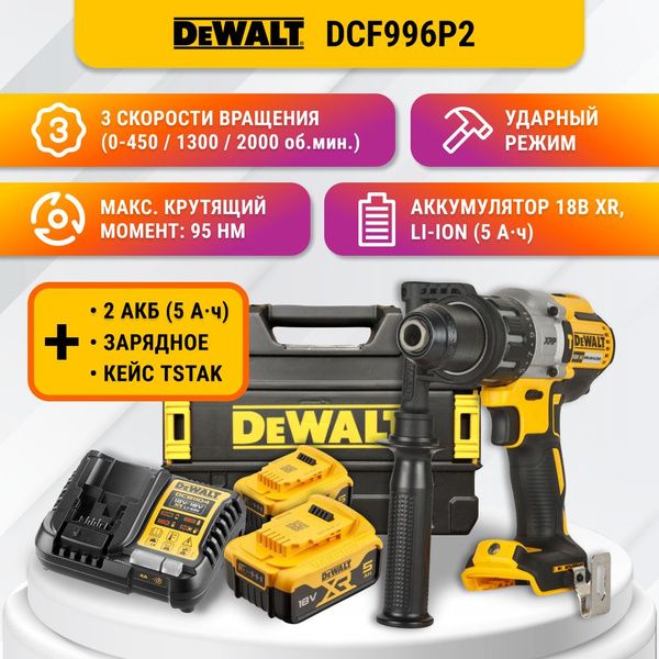 Аккумуляторная ударная дрель DEWALT DCD996P2 + 2 АКБ 18В 5АЧ, зарядное ...