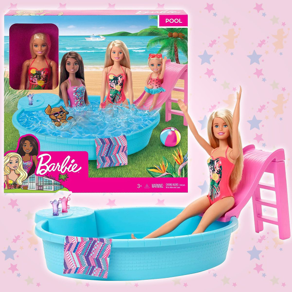 Характеристики Кукла Барби и бассейн и горкой Barbie, игровой набор ...