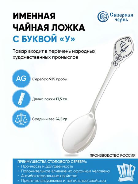 Серебряная именная чайная ложка с буквой "У" в подарочном конверте ...