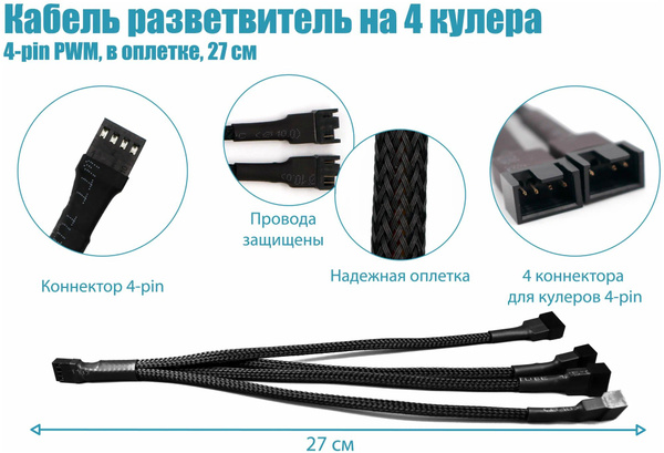 Разветвитель на 4 вентилятора / кулера, с 4 pin на 4 pin, удлинитель ...