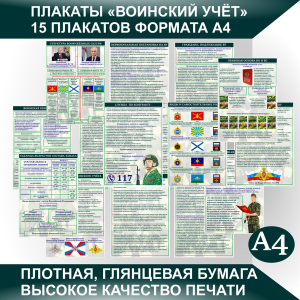 Плакаты " ВОИНСКИЙ УЧЁТ" для информационного стенда формат А4, 15 ...