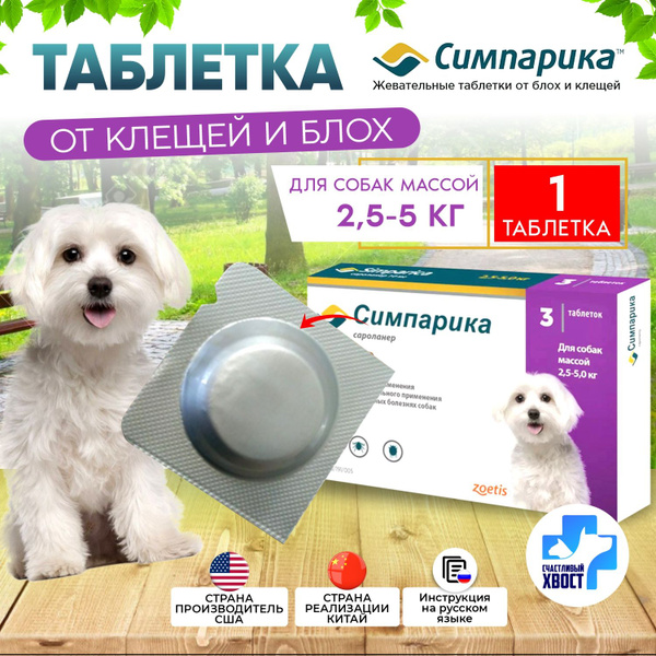 Симпарика для собак от 2,5-5кг,10мг, 1 таблетка в блистере (до 01.2025 ...