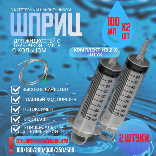 Шприц большой с кольцом и трубкой, 2 штуки по 100 мл, КОМПЛЕКТ ИЗ 2х ...
