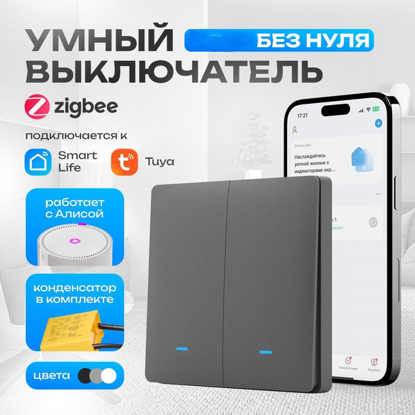 Умный выключатель с алисой, двухклавишный, zigbee, с индикатором купить ...