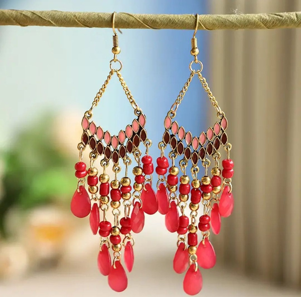 Серьги винтажные, висячие, этнические, богемные красные - купить с ...