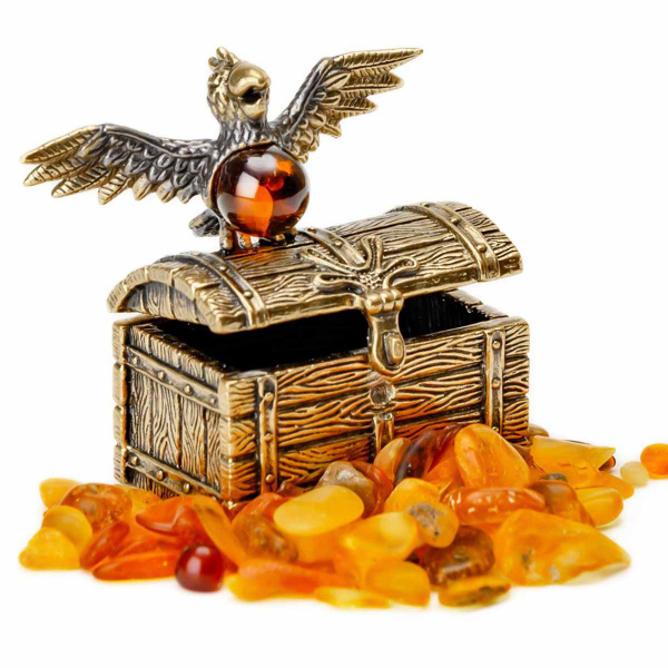 Сувенирная фигурка - Сундук с попугаем, Пиастры, Балтийский Янтарь, 4,0 ...