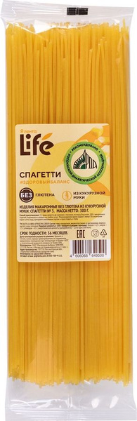 Макароны безглютеновые ЛЕНТА LIFE Спагетти, из кукурузной муки, 300г ...