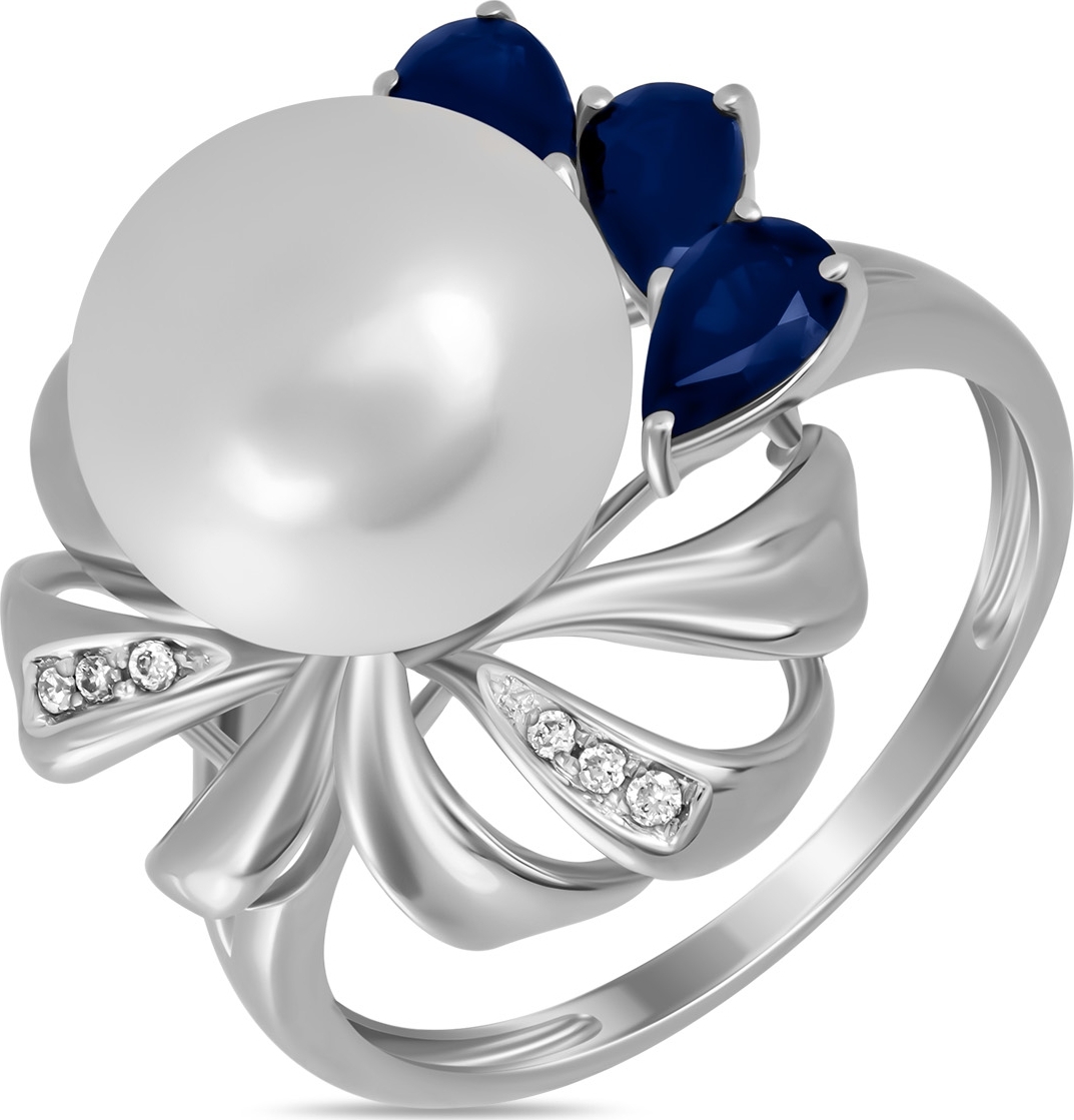 Кольцо с жемчугом и бриллиантами. Серебряное кольцо с сапфиром марказитами. Сапфир жемчуг. Жемчуг с сапфиром. 57889.