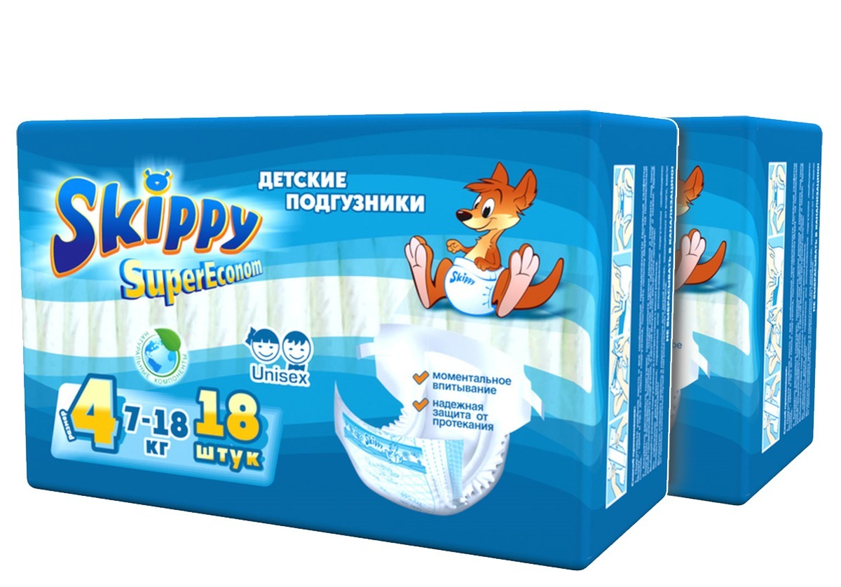 Скиппи. Skippy пеленки. Skippy подгузники Econom 4 (7-18 кг) 50 шт.. Скиппи характеристика