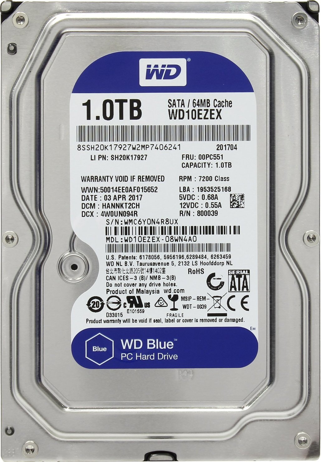 Western Digital 1 ТБ Внутренний жесткий диск WD Blue (WD10EZEX) 