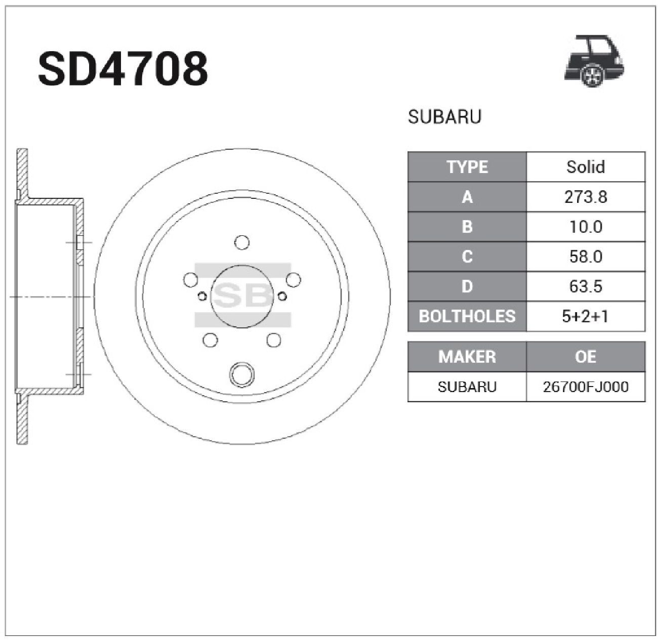 Диск тормозной задний SUBARU FORESTER 13- IMPREZA 12- XV 12- SD4708