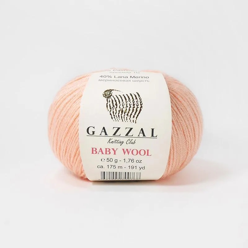 ПряжаGazzalBabyWool(ГазалБебиВул)шерстьмериноса/кашемирПА/акрил,834персиковый,2мотка