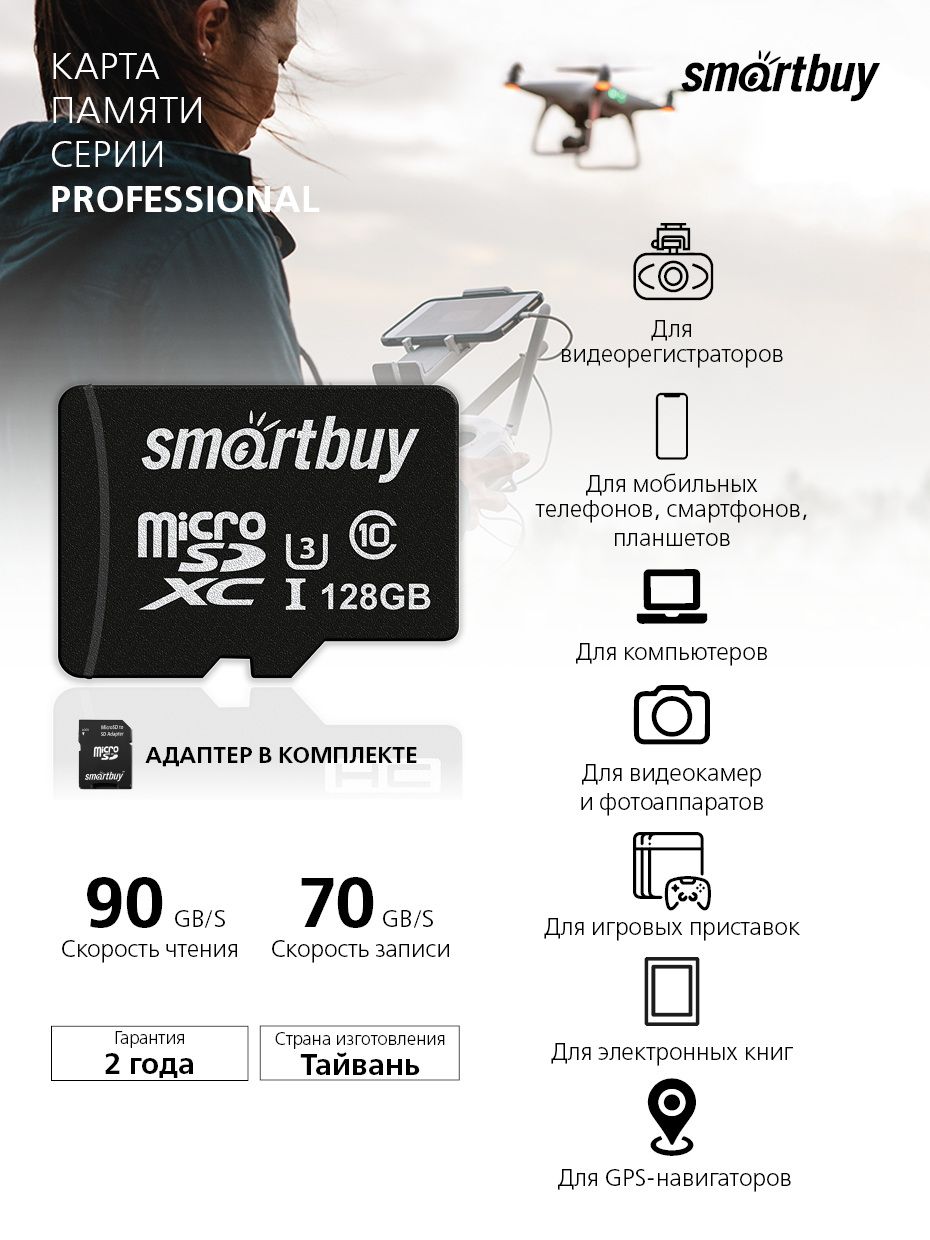 КартапамятискоростнаяmicroSDXC128GBSmartBuyPro90/70Mb/sUHS-IU3SB128GBSDCL10U3-01/длярегистратора