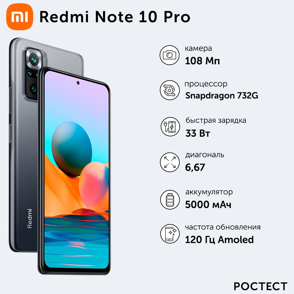 Xiaomi Смартфон Redmi Note 10 Pro Ростест 8/256 ГБ, серый