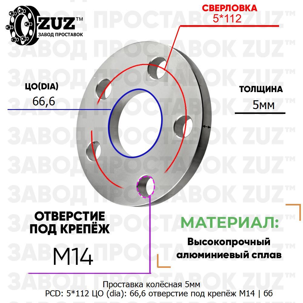 Проставка колёсная 5мм 5*112 ЦО 66,6 отверстие под крепёж М14 ступичная без бортика для дисков на ступицу 5x112 5х112