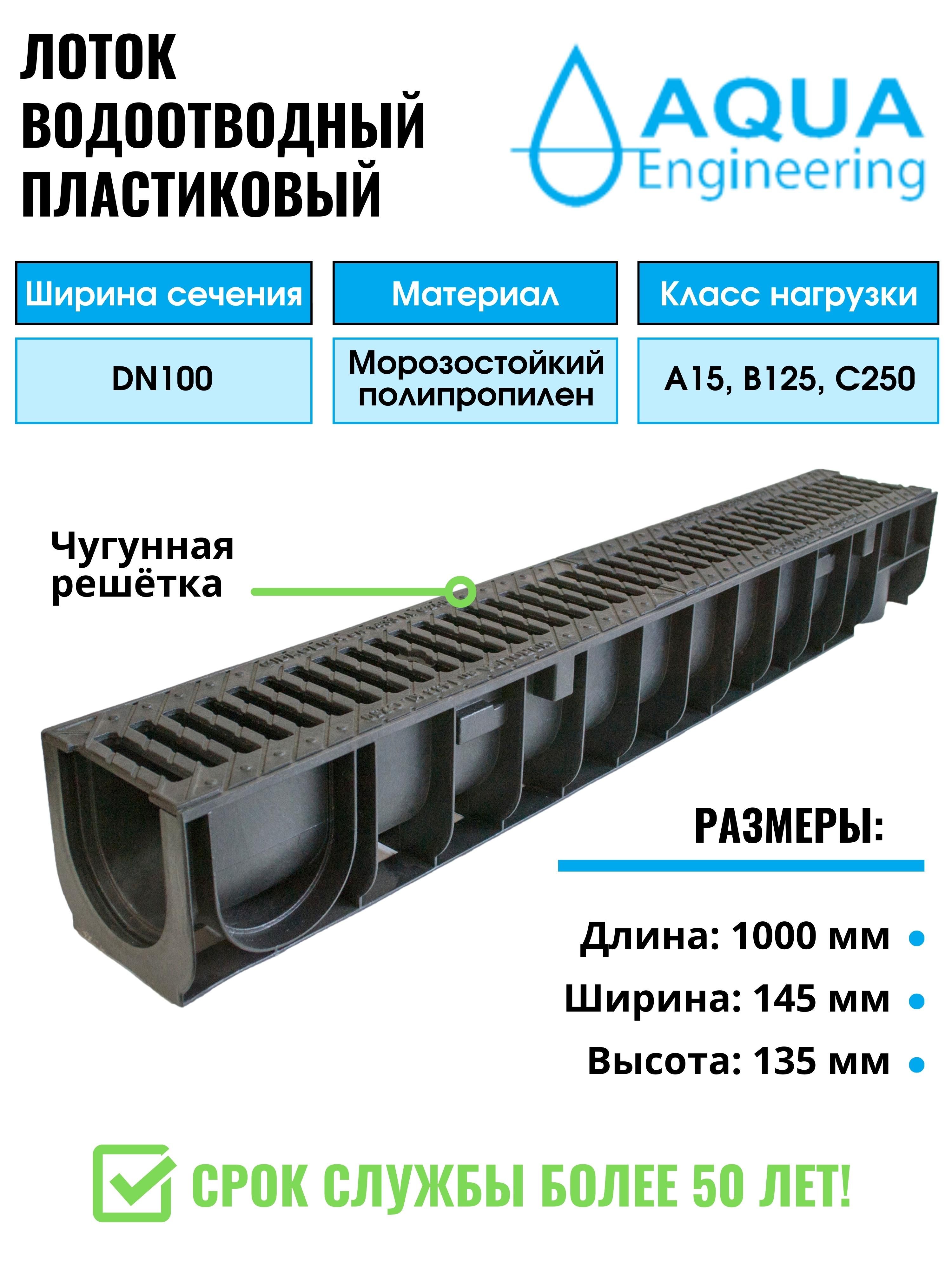 Лоток водоотводный пластиковый, дренажный, с чугунной решёткой, 1000x145x135 мм.