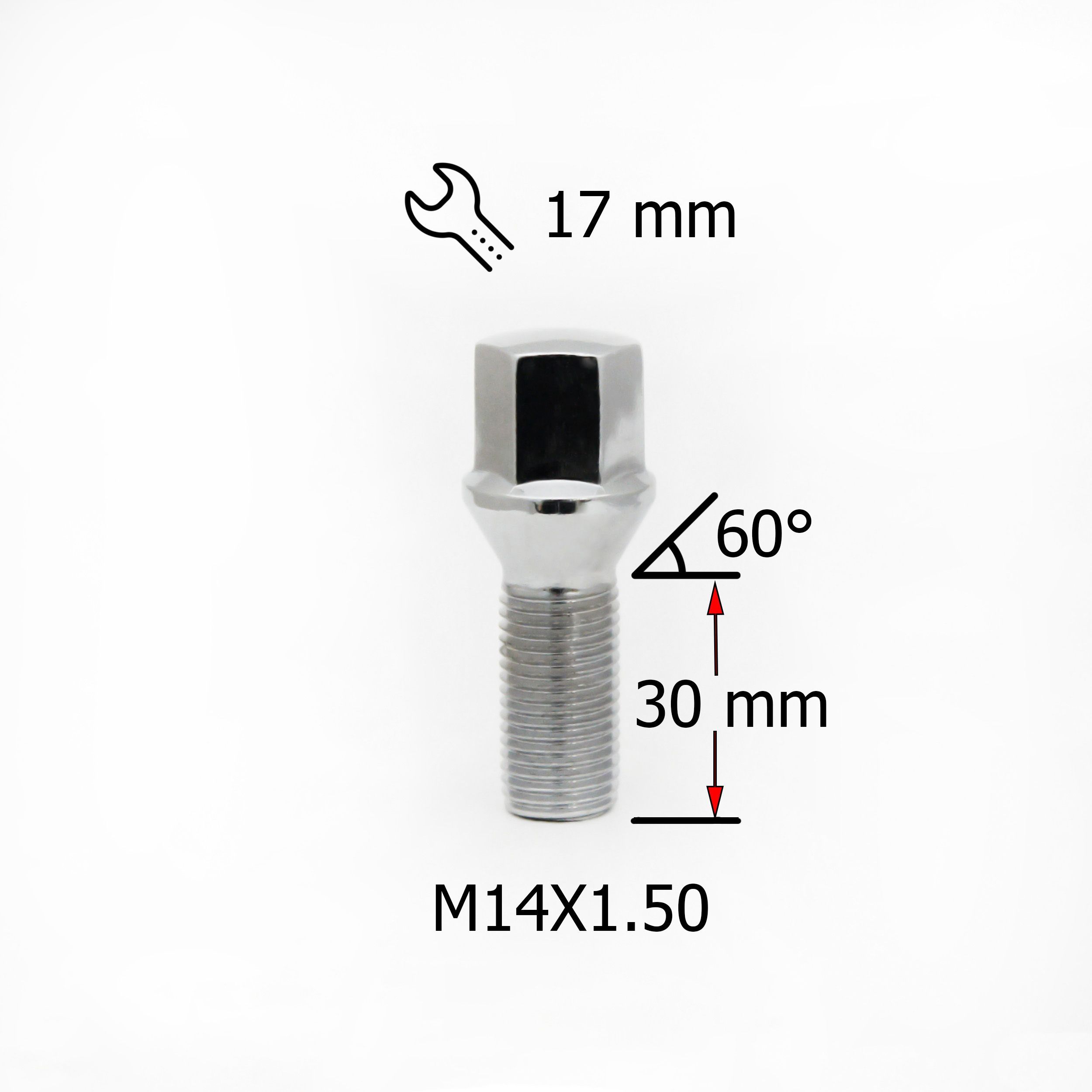 БолтколесныйM14x1,5длинарезьбовойчасти30мм,Конус-20штук,ключ17мм,хром