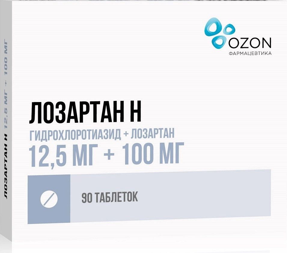 Лозартан Н, таблетки в пленочной оболочке 12.5 мг+100 мг, 90 шт.