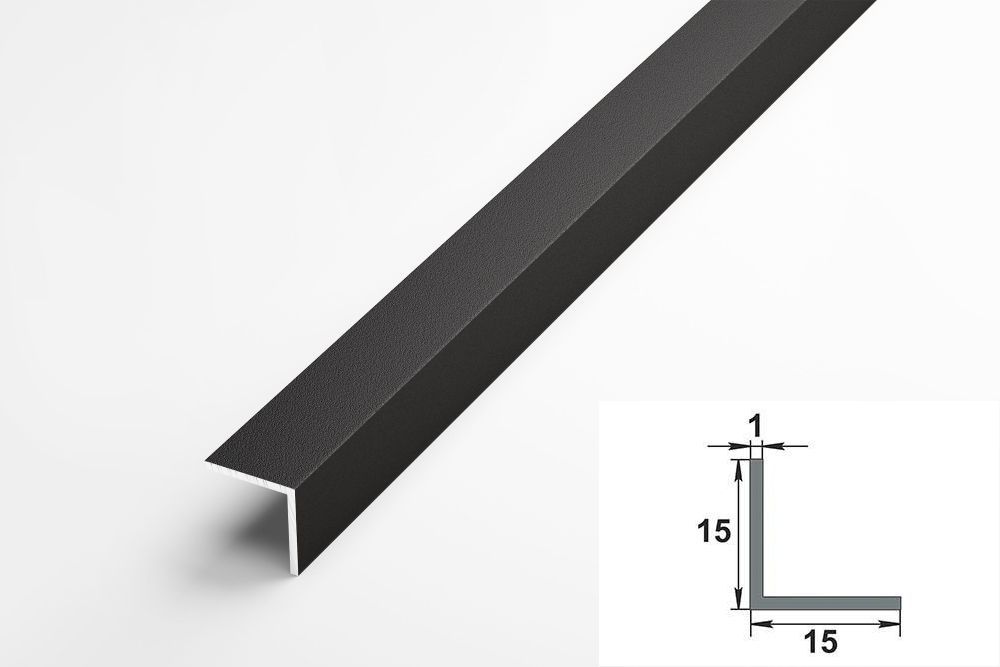 Уголок алюминиевый 15x15 мм, длина 2,7 м, профиль угловой внешний Лука УП 04-27, окрас черный 015