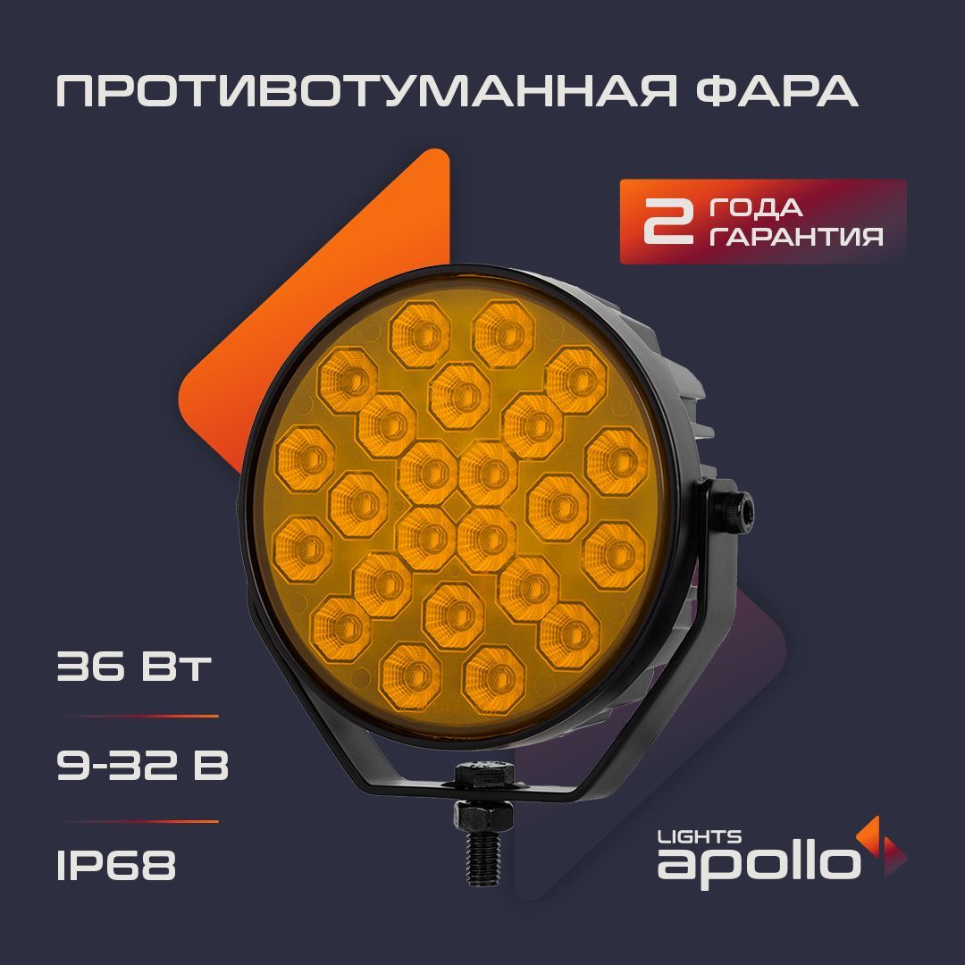 Противотуманныефарысветодиодные13100-0365LIGHTSAPOLLO36W,9-32VЖёлтыйсветFloodYellow