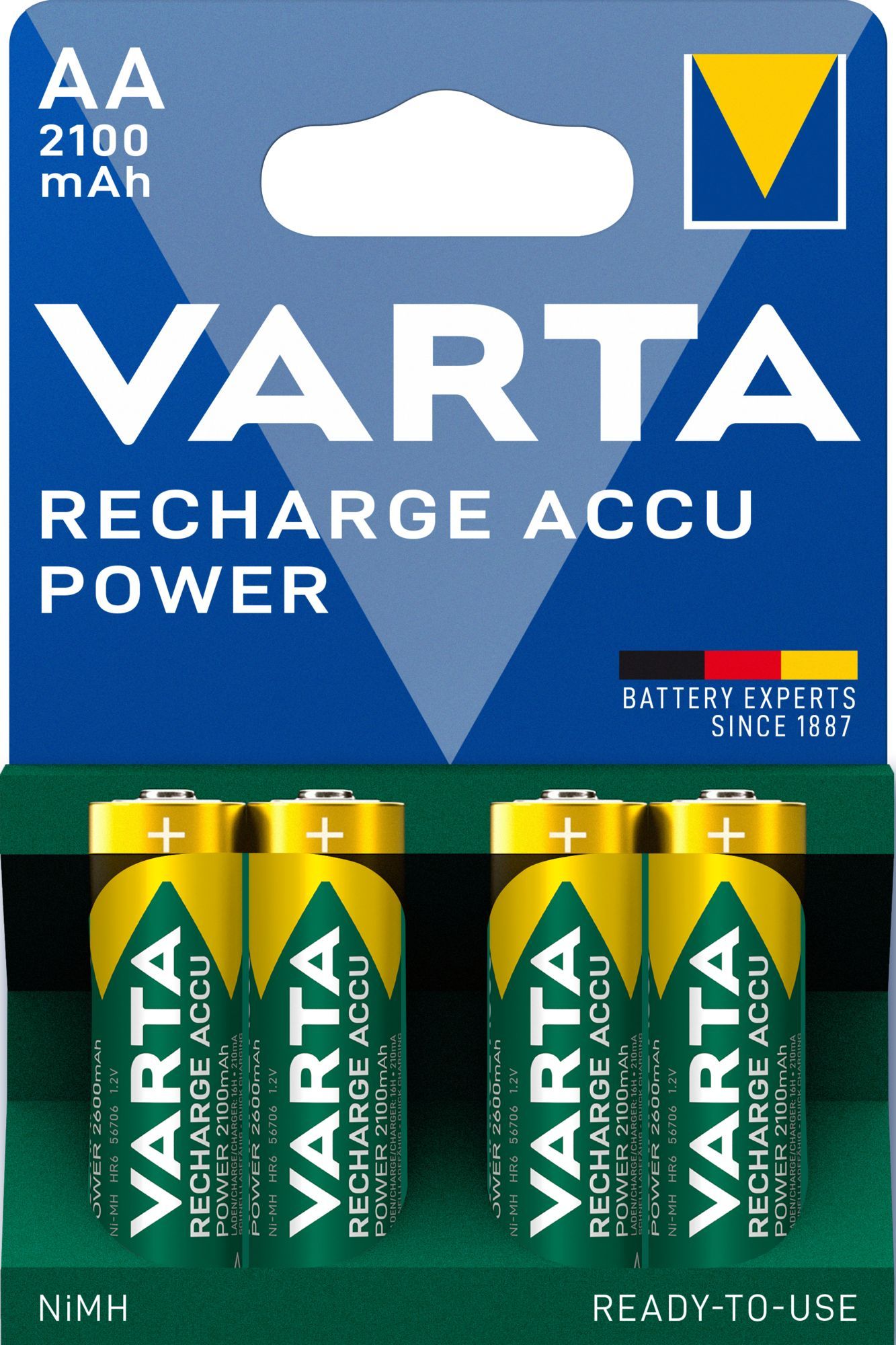 Аккумуляторные батарейки АА VARTA Recharge Accu Power 2100 мАч 4 шт  пальчиковые, аккумулятор АА