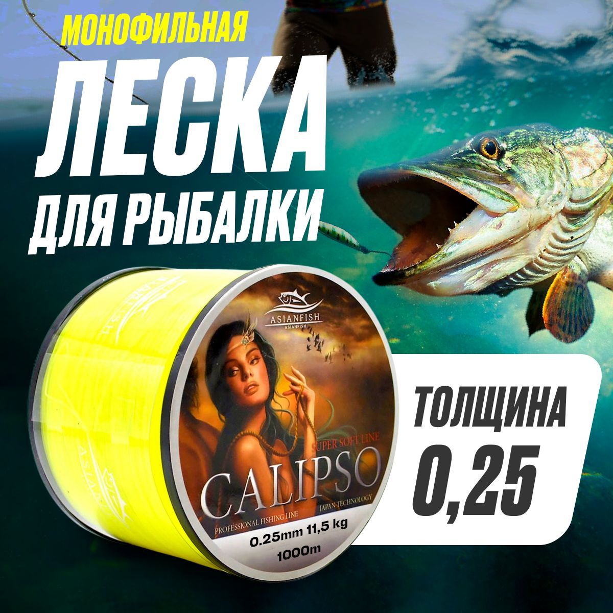 ASIANFISH Монофильная леска для рыбалки, размотка: 1000 м, толщина: 0.25 мм