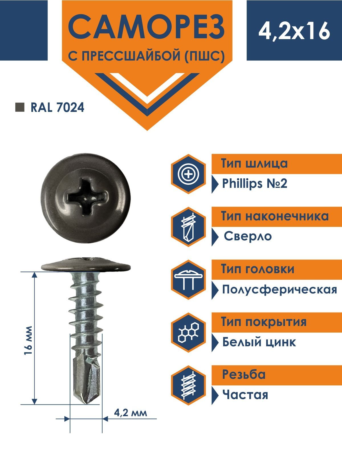 Саморез Rizzel ПШС с прессшайбой сверло 4,2х16 RAL 7024 (1000 шт)