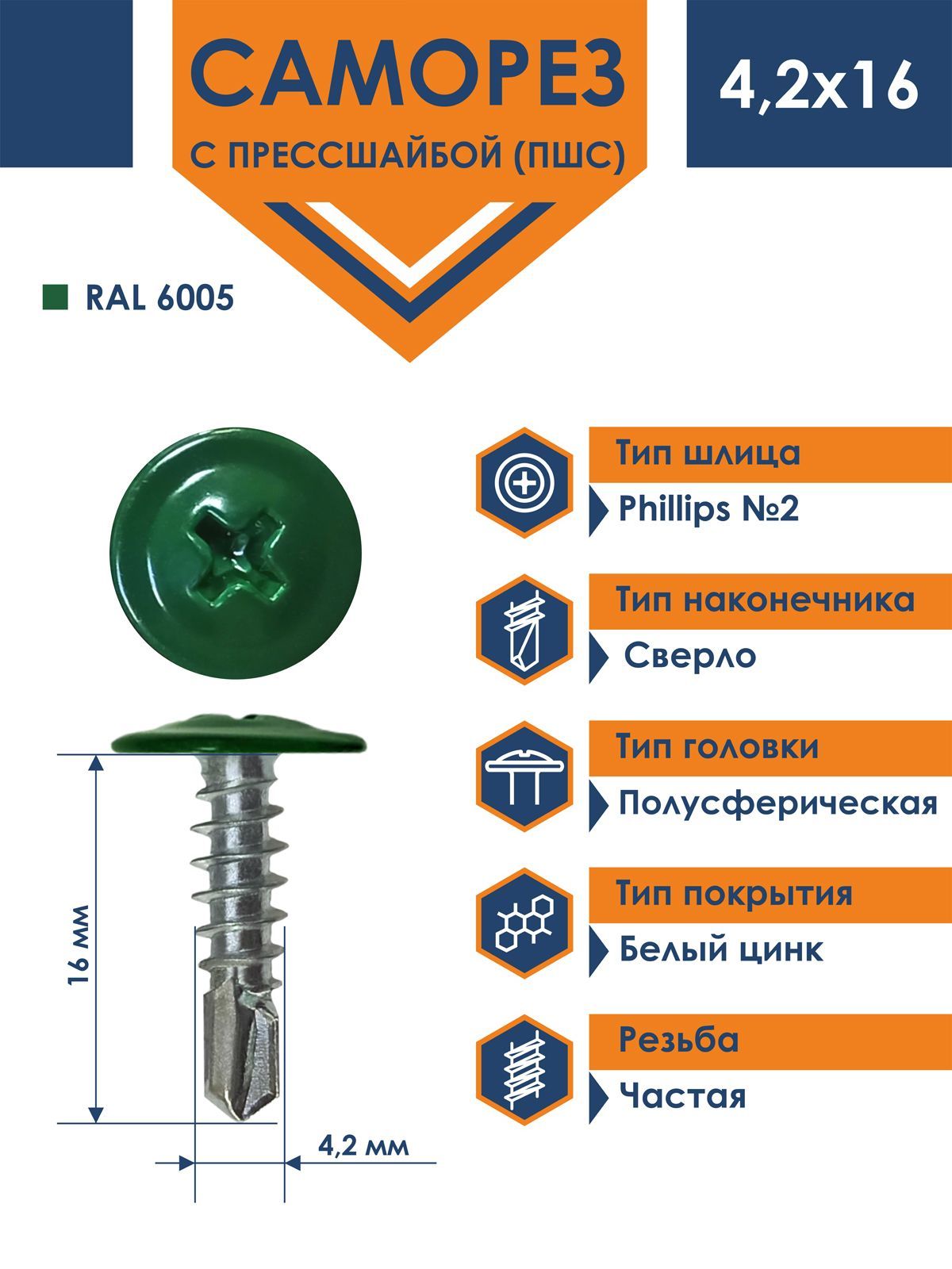 Саморез Rizzel ПШС с прессшайбой сверло 4,2х16 RAL 6005 (1000 шт)