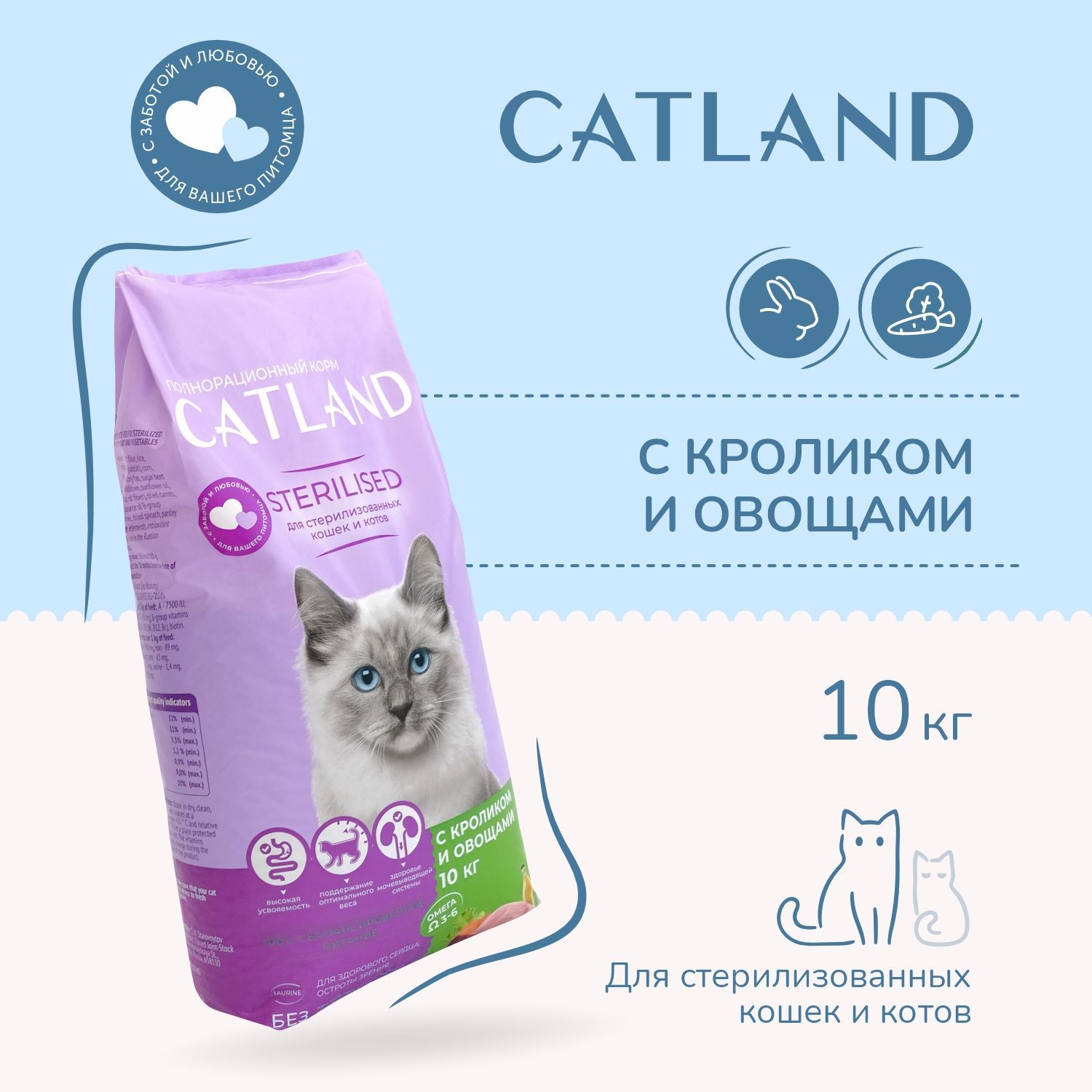 Сухой корм для стерилизованных кошек Catland Sterilised, с кроликом и овощами, 10 кг