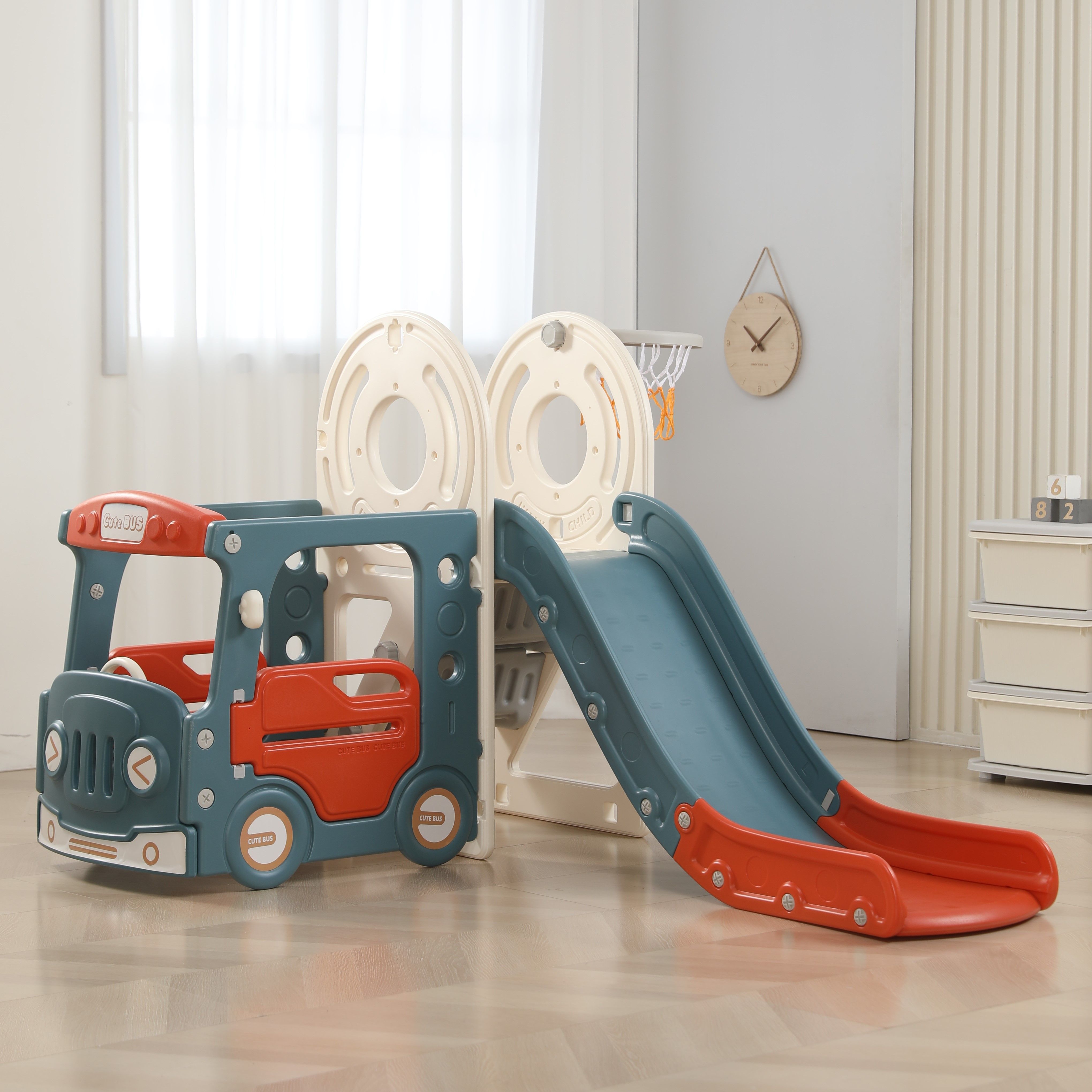 Игровой комплекс для детей с горкой UNIX Kids Bus (171 см) Red для дома и улицы, машинка с горкой и баскетбольным кольцом, автобус, красный/синий