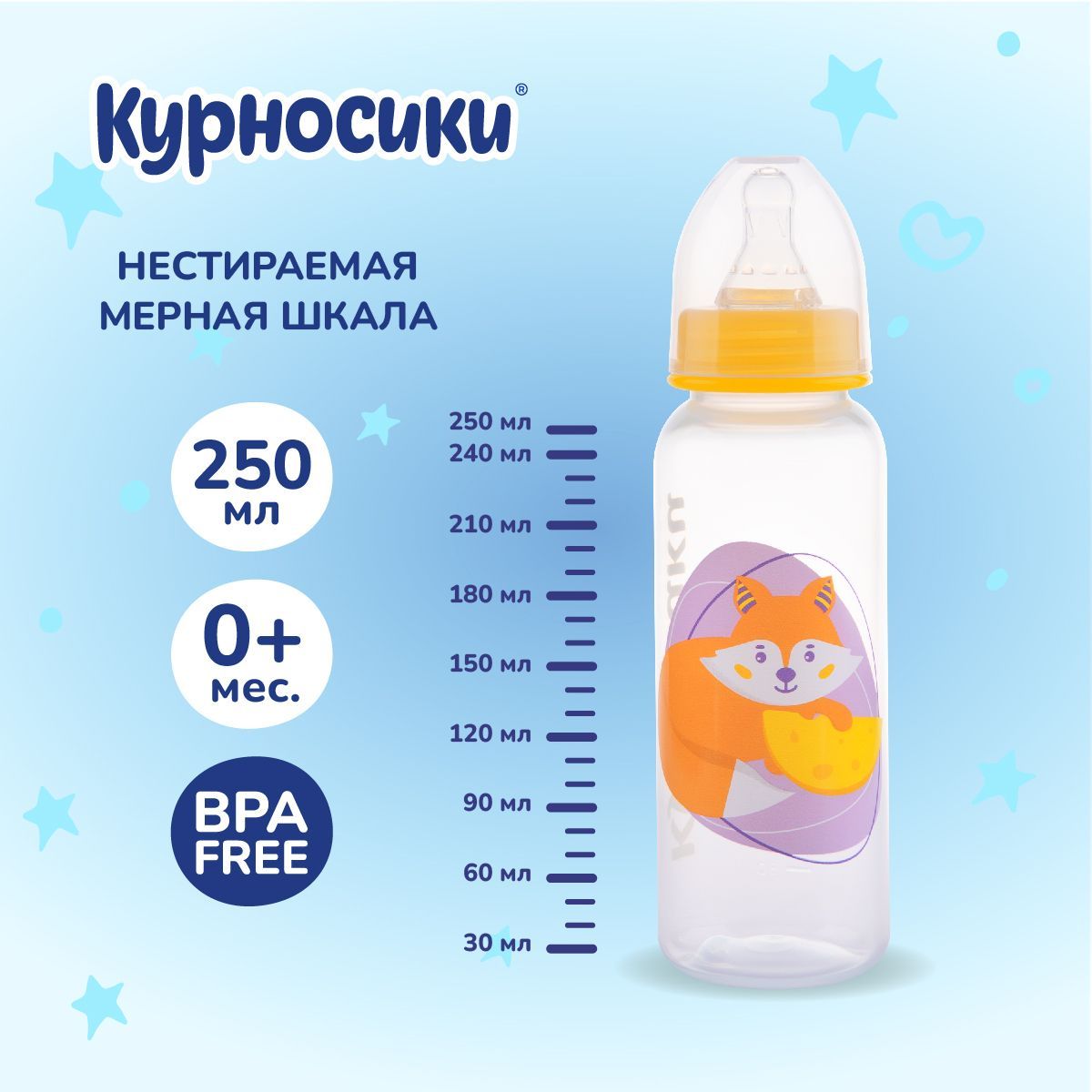 Бутылочка для кормления новорожденных Курносики 250 мл, от 0+ мес.