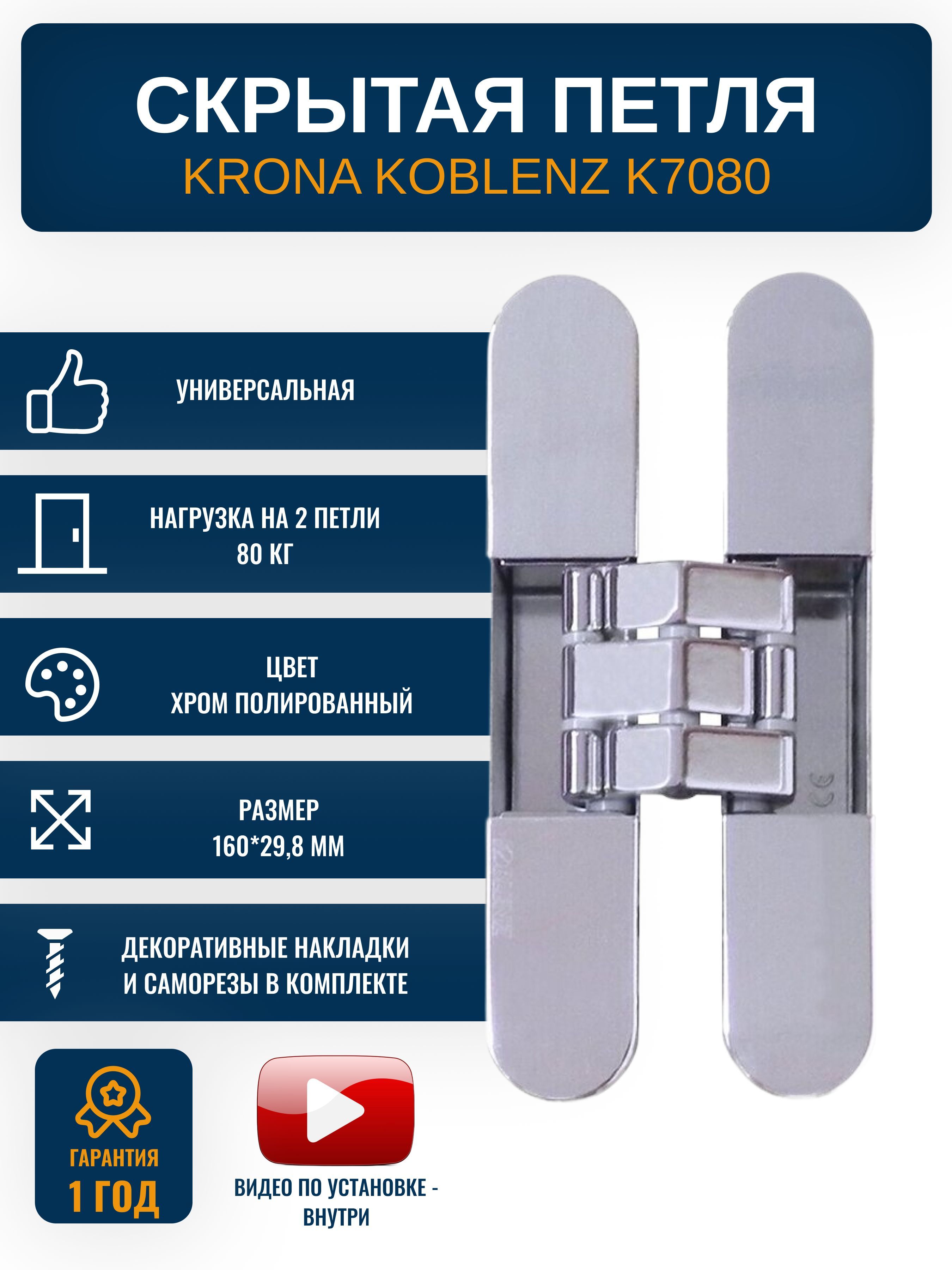 Петли дверные скрытые KRONA KOBLENZ K7080 CL, 1 шт., нагрузка на петли 80 кг., цвет хром полированный