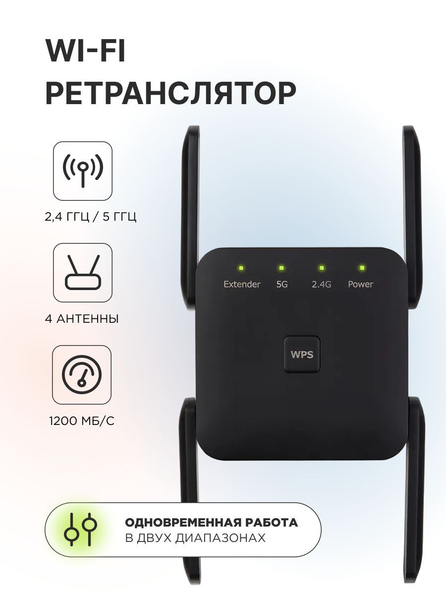 Ретранслятор/усилительwifi5,двухдиапазонный2.4/5ГГц,Wi-FiAP,четыреантенны,цветЧерный