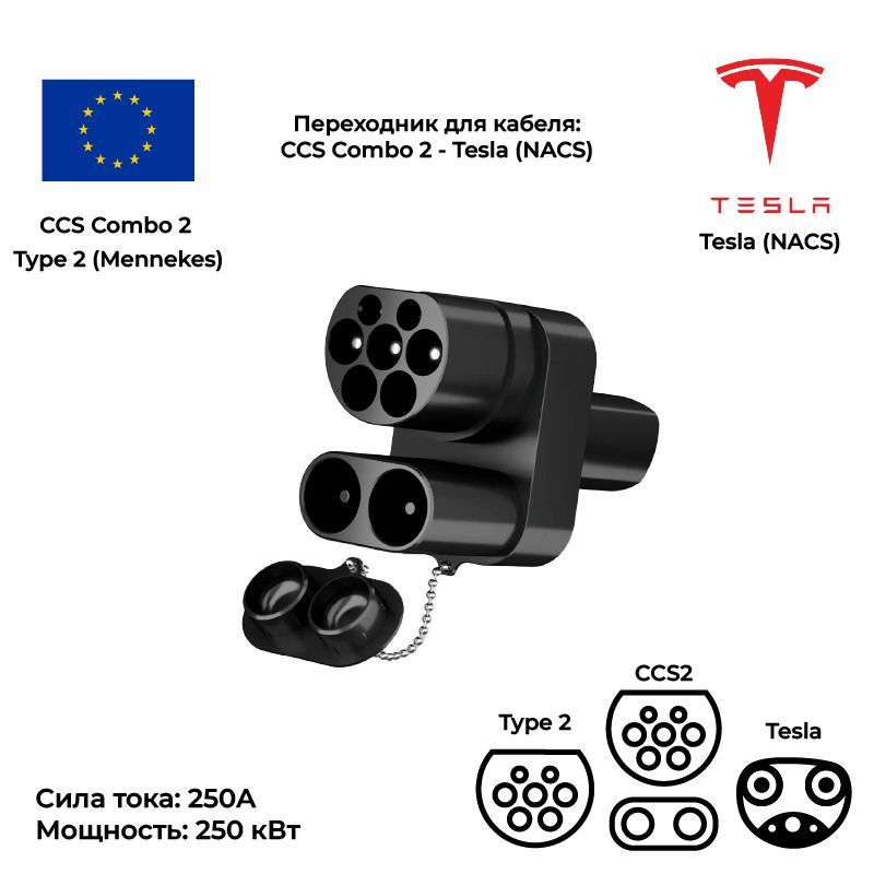 Адаптер EV-Time CCS2 Combo Tesla US, 2в1 AC+DC, 250А, 250 кВт для электромобилей