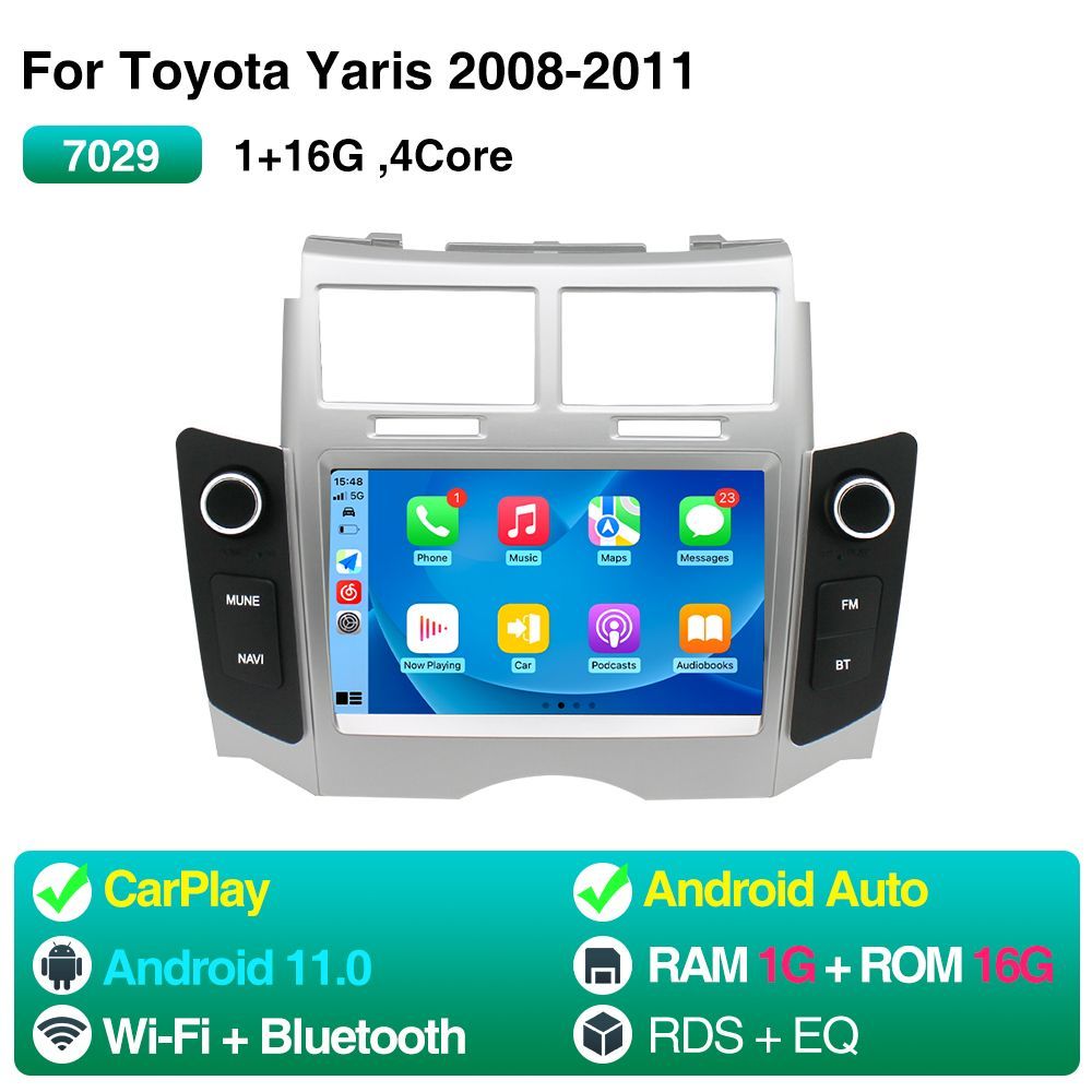 Автомобильное радио Android для Toyota Yaris 2008-2011, CarPlay Android  Auto, 7 дюймовый экран, GPS навигация, Bluetooth WIFI, FM RDS радио2 DIN -  купить в интернет-магазине OZON с доставкой по России (1211848527)