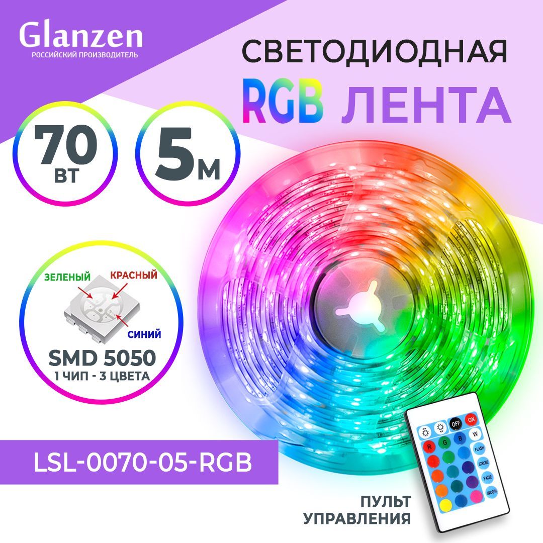 СветодиоднаяRGBлентаподсветка5м70ВтGLANZENLSL-0070-05-RGBSMD5050спультомуправления