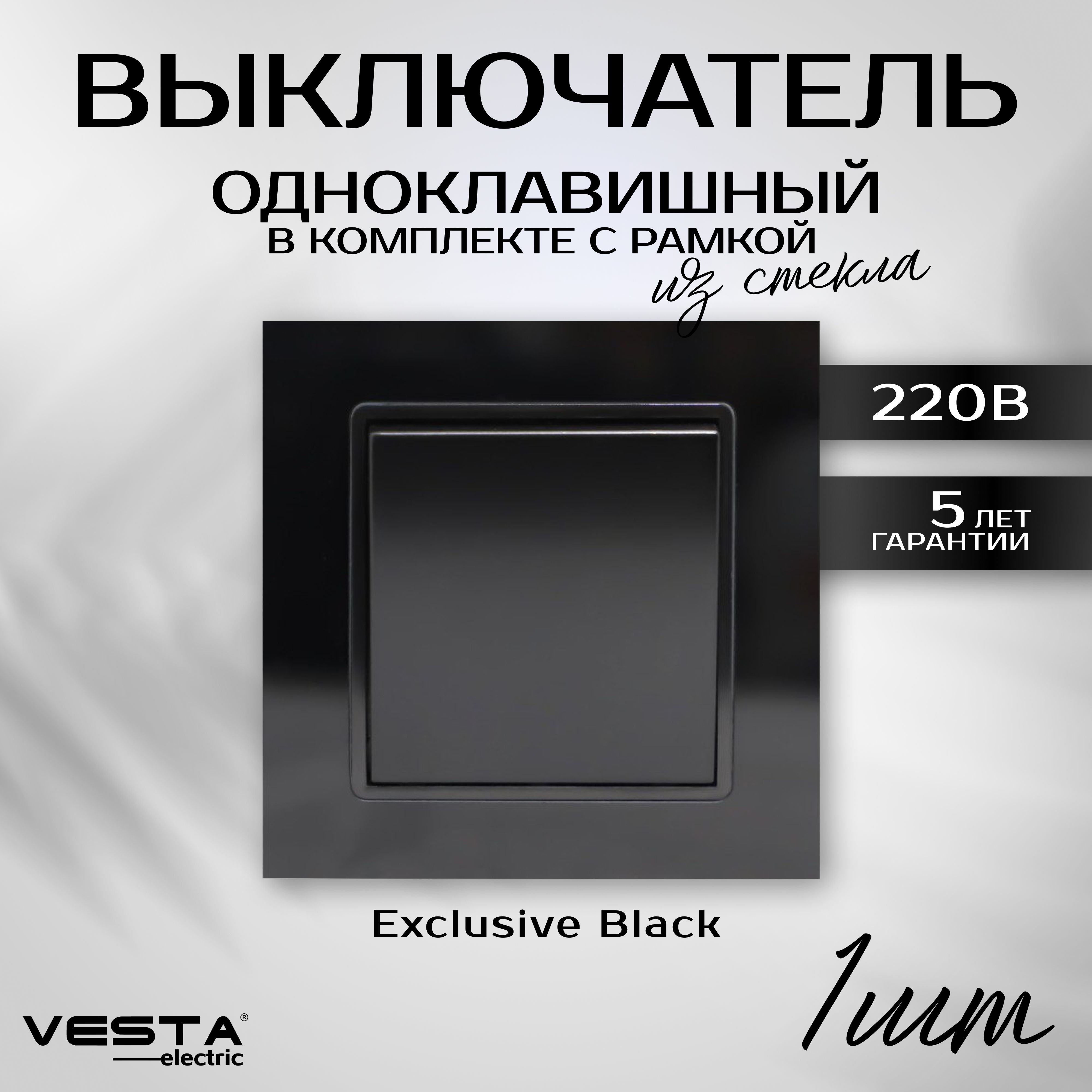 Выключатель одноклавишный в рамке из закаленного стекла черный Vesta-Electric Exclusive Black